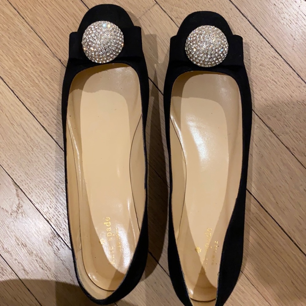Kate Spade Black Suede flats with crystal toe embellishment
